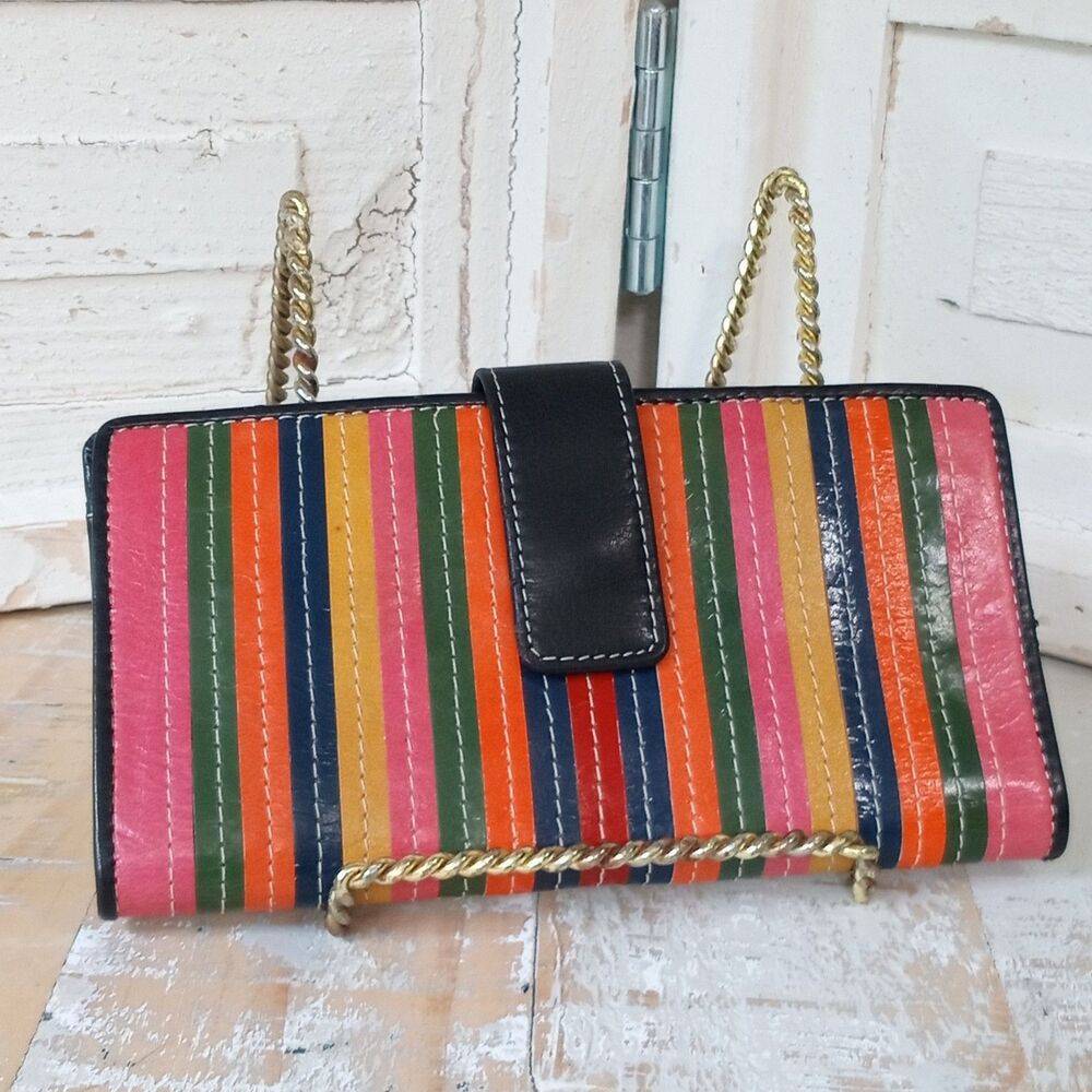 Vintage Kate Landry Genuine Leather Multi Color Striped Wallet Boho Indie READ
